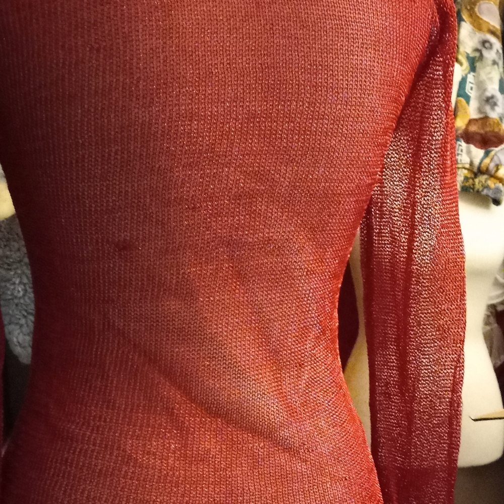 New,tag,red sheer glitter mesh metallic turtleneck l/s sweater top size medium. - Picture 3 of 14